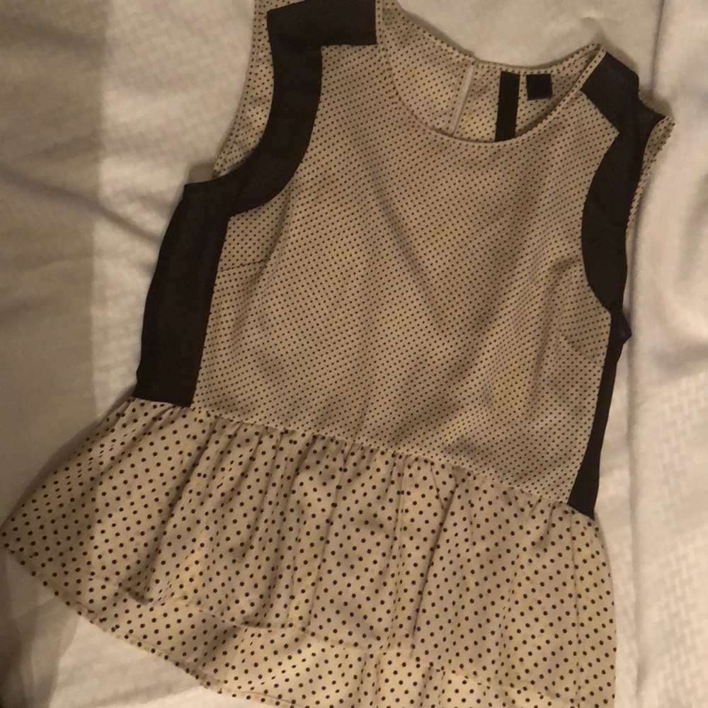 Cream and black polka dot sleeveless shirt